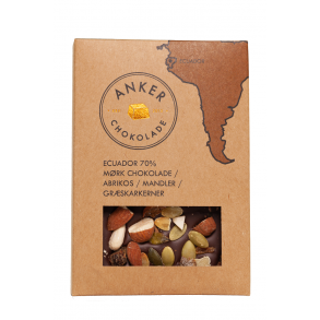 Mrk chokolde 70% m. abrikos, mandler og grskarkerner (kologiske)