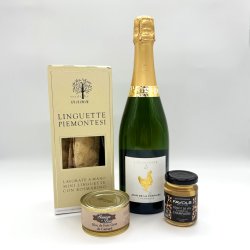 Gavekurv med champagne og delikatesser