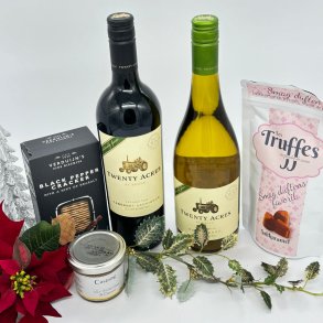 Gavekurv med vin og specialiteter