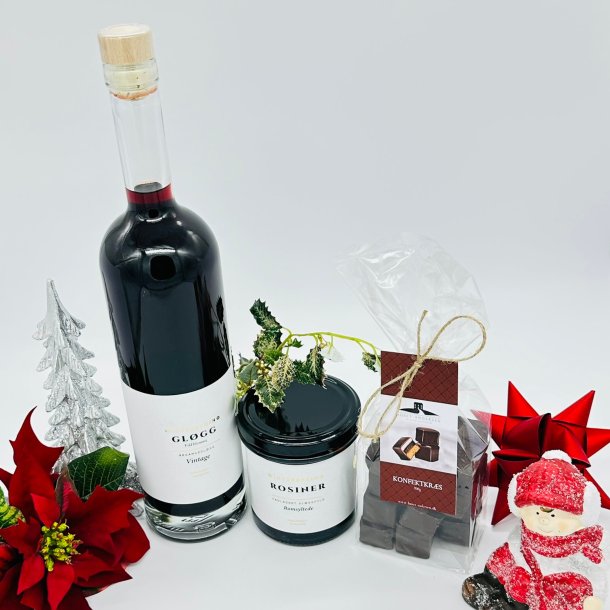 Julekurv med gl�gg, romsyltede rosiner og konfektkr�s