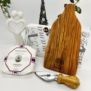 Gavekurv med serveringsfad, kniv og italienske specialiteter 